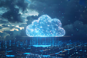 Digital informational technology web futuristic hologram with cloud icon, blue golden light digits and code background, cloud computing. Abstract Motion of digital data flow