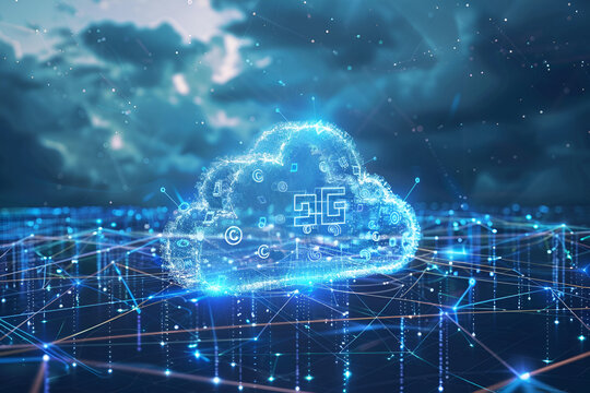 Digital informational technology web futuristic hologram with cloud icon, blue golden light digits and code background, cloud computing. Abstract Motion of digital data flow