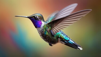 Fototapeta premium A colorful hummingbird flies with its wings spread wide against a blurry background of green, yellow, and orange