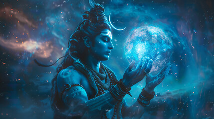 Cinematic illusion of Lord Shiva's in space universe, holding a glowing blue sphere planet as Sirius, galaxy, aura surround, floating objects, magnetic field, quantum, spectral light body, interwoven