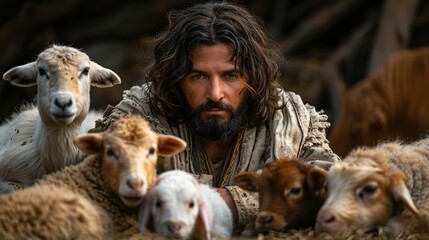 Obraz premium An image of Jesus Christ at the nativity, surrounded by animals.