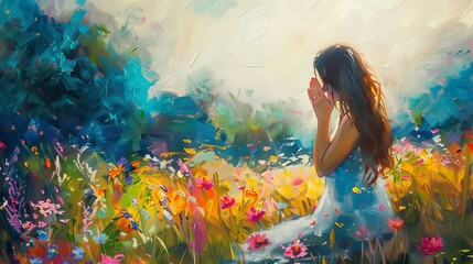 beautiful young woman praying in flower field spiritual oil painting illustration