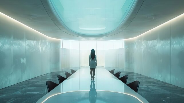 Futuristic Conference Room With Modern Design, Featuring A Person Standing At One End, Illuminated By Natural Light From Above.