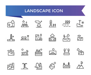 Landscape icon collection. Related to mountain, forest, river, beach, desert, field, island, volcano, waterfall, and more. Vector Line symbol set.