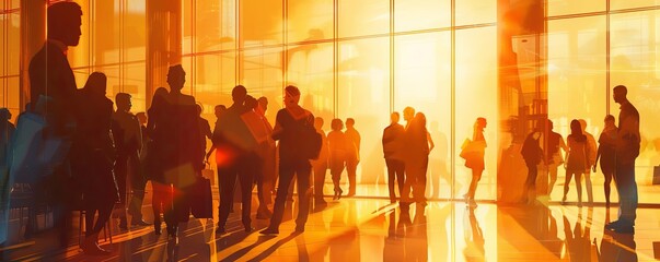 Silhouettes of people walking in a bright modern hall at sunset, showcasing dynamic movement and daily life in a contemporary setting.