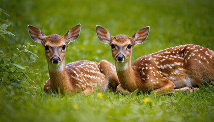 Two young spotted deer lie on their sides in green grass, looking directly at the camera - Powered by Adobe