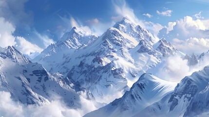 Obraz premium Majestic Snow-Capped Mountain Range Against Blue Sky and White Clouds: A Breathtaking 8K Landscape