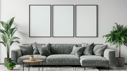 blank frame mockup on living room wall modern interior design with poster display 3d render