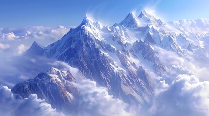 Naklejka premium Majestic Snow-Capped Mountain Range Against Blue Sky and White Clouds: A Breathtaking 8K Landscape