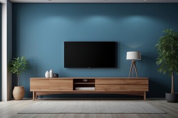 Interior home of living room with wooden cabinet for TV LED on blue wall background