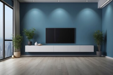 Interior home of living room with wooden cabinet for TV LED on blue wall background