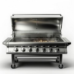 A shiny stainless steel gas grill with six burners and a closed lid, ready for grilling.