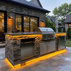 Modern outdoor kitchen with stone facade, stainless steel appliances, and warm LED lighting. Perfect for entertaining and enjoying the outdoors.
