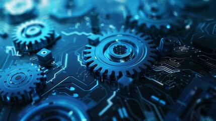 A blue and white image of gears and other mechanical parts