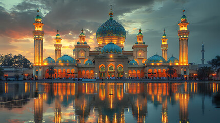 grand mosque illuminated by golden lights during EidalAdha with families gathered outside for evening prayers captured with HDR photography to enhance the colors and create a vibrant spiritual scene
