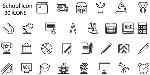 School icon set. Containing classroom, students and teacher icons. Education and knowledge symbol. Solid icons vector collection.
