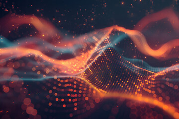 a digital, abstract network of interconnected nodes against a dark background. Bright blue nodes are connected by lines, forming a complex web. Two wave-like structures, rendered in red wireframe