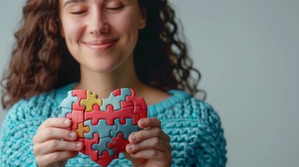 colorful puzzle heart in the hands, autism awareness concept
