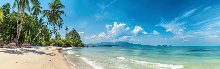 Fototapeta premium Panoramic Tropical Beach with Palm Trees and Blue Sea