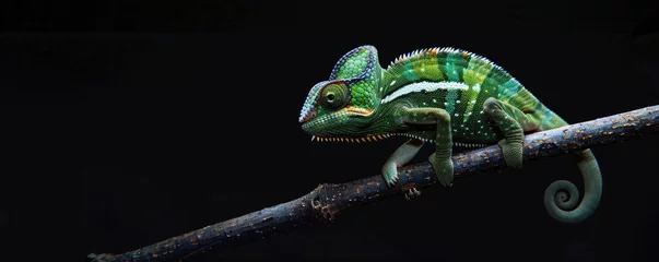 Fotobehang Beautiful chameleon panther on branch, animal closeup. © Mane