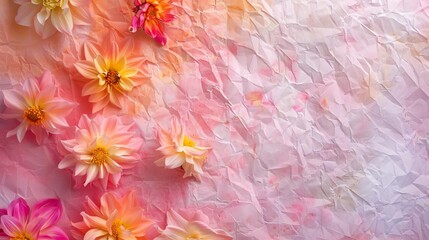 colorful gradient chains of dahlia flowers with crumpled paper texture decorative floral background