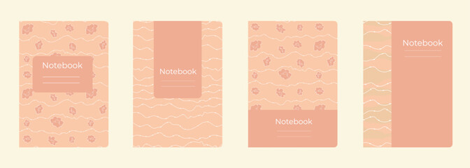 Set of cover designs for notebook, notepad, book, catalog with many wavy lines and flowers.Template for girl and school in pink and white colors. Vertical format A4,A5.
