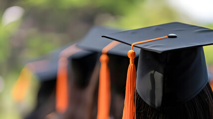 Close up photo of students wearing black and orange graduation caps with tassels, blurred background