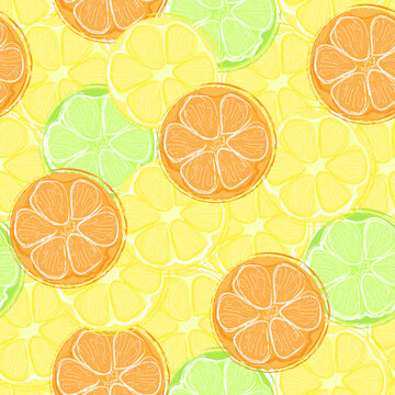 Seamless pattern with hand drawn  lemon, orange, lime slace  on white background.