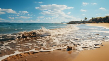 Tranquil Sandy Beach with Crashing Waves Under a Blue Sky - Powered by Adobe