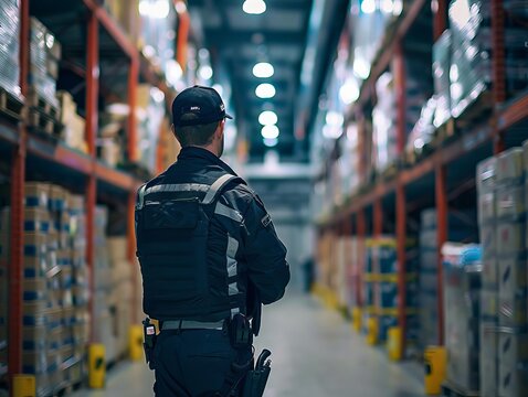 A security guard performing a routine perimeter check around a warehouse selective focus, routine check theme, whimsical, fusion, warehouse backdrop