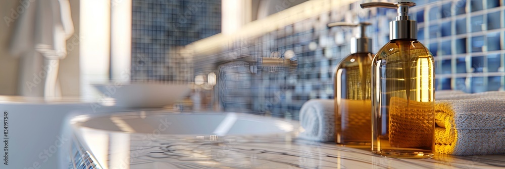 Poster two stylish bottles of shampoo and conditioner sit on a bathroom countertop, next to a folded white 