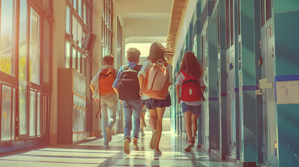 Cute school children with backpacks running in the corridors of a school near the lockers
