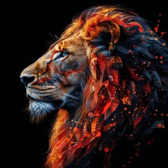 The image is a vibrant and artistic representation of a lion&rsquo;s head. The fusion of realism with abstract art elements creates a visually striking depiction of the animal