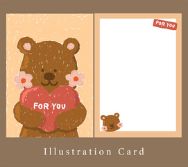 teddy bear and pink flower with heart for you greeting card , Valentine's Day card , illustration