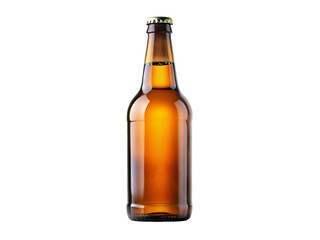 A brown glass beer bottle filled with a cold, amber colored beverage sits alone on a white background