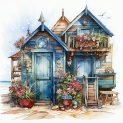 Fototapeta premium Watercolor Beach Hut Illustration, Generative Ai