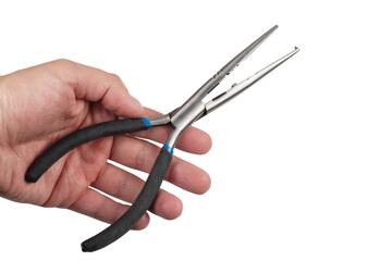 Tackle pliers for fishing in hand isolated on white background.