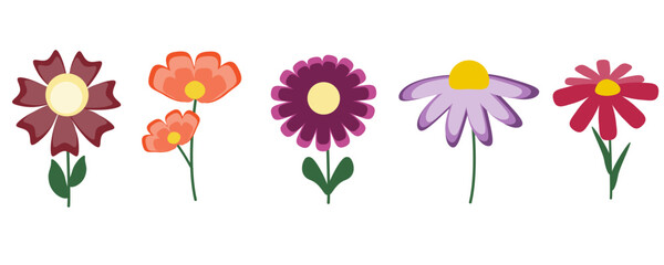 Set of five cartoon flowers for postcard, banner, cover, fabric design