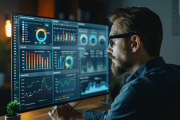 A social media manager analyzing engagement metrics on a dashboard close up, data analysis theme, realistic, blend mode, office desk backdrop
