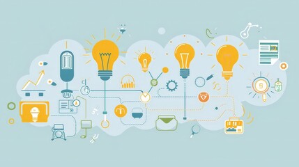 Design a visual guide to the innovation process. Include stages such as ideation, development, testing, and implementation, with tips for success at each stage.