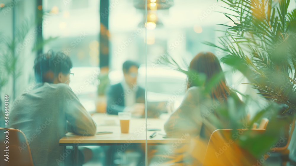 Poster people in a meeting with sunlight in the background, creative concept of teamwork. generative ai