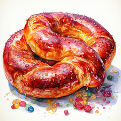 Watercolor Pretzel Illustration, Generative Ai
