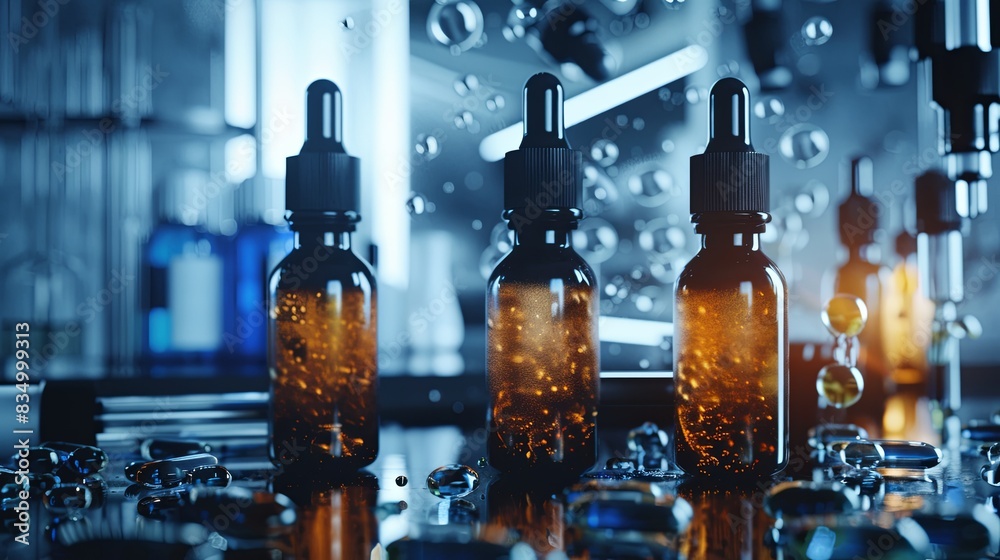 Poster Close-up of glass bottles with droppers and droplets of liquid in a laboratory setting. Generative AI