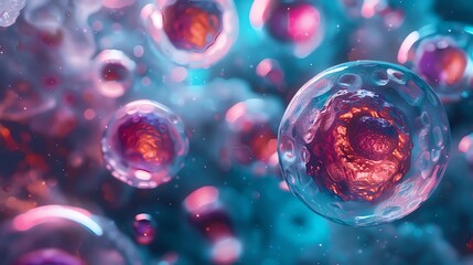 Abstract scientific image showcasing colorful cells and microscopic elements in a vibrant, futuristic style.