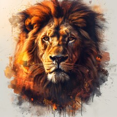 The image is a vibrant and artistic representation of a lion’s head. The fusion of realism with abstract art elements creates a visually striking depiction of the animal
