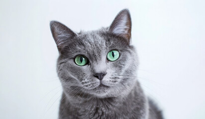 Obraz premium Close-up portrait of gray cat with green eyes sitting on white background and looking at camera. Selective focus. Generative AI