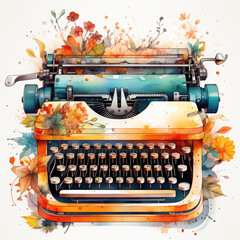Watercolor Colorful Typewriter Illustration, Generative Ai