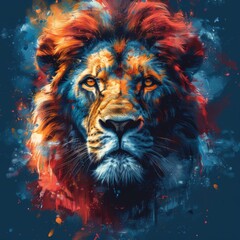 Naklejka premium The image is a vibrant and artistic representation of a lion’s head. The fusion of realism with abstract art elements creates a visually striking depiction of the animal