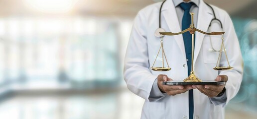 Medical ethics doctor holding scales of justice in hands analyzing fairness and integrity in healthcare