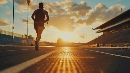 focused athletic runner training in stadium at sunset determined preparation for sports competition